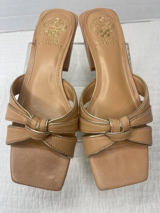 Vince Camuto Shoes - Vince Camuto Leather Block Heel Selaries Slide Sandals7M Beige/Walnut